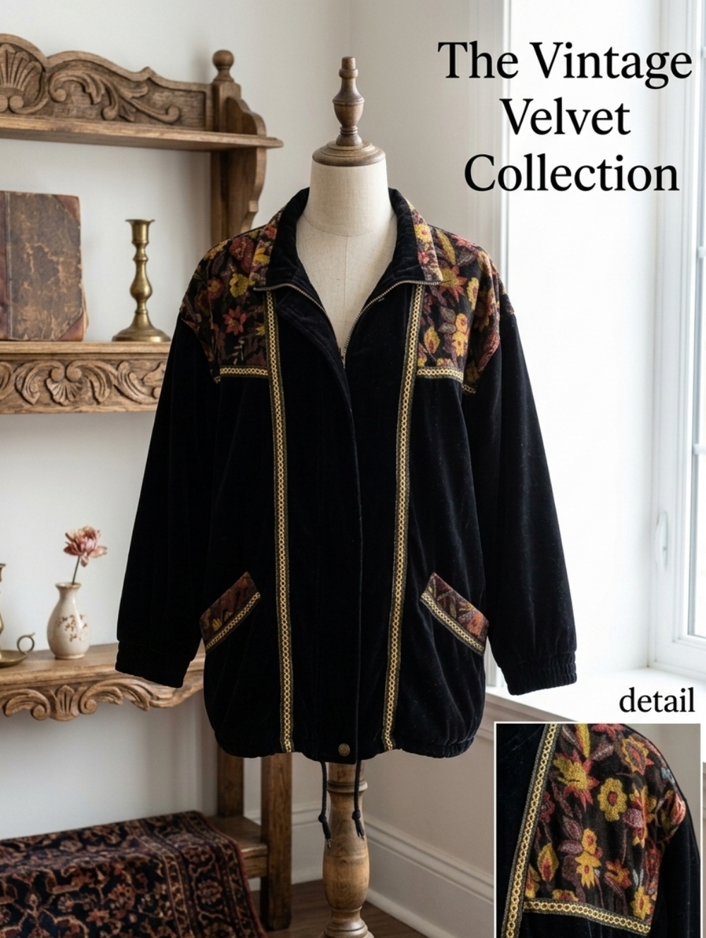 ROAMANS BLACK Decorative Ornate Vintage Floral Gold Trim Puffer Jacket Coat
